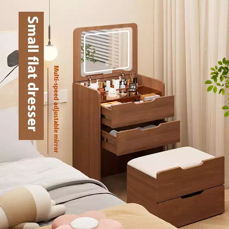 JVNOXK3 in 1 Vanity Desk with Plip Top Mirror, Small Make Up Vanity Set with Visible Glass Desktop, Compact Makeup Vanity with 3 Drawers, Walnut