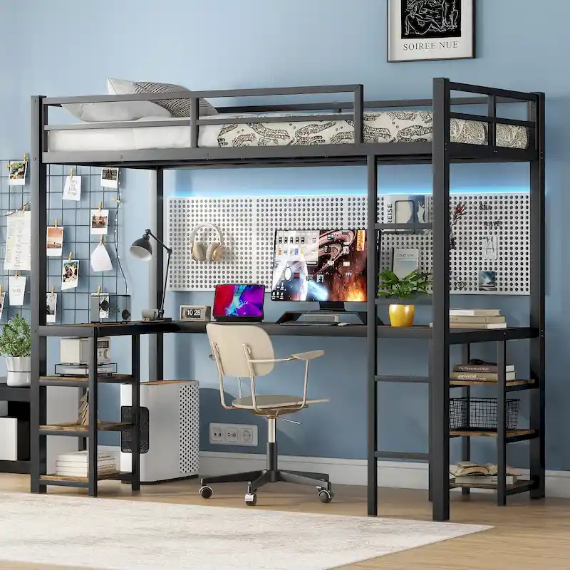 Black Twin XL Metal Loft Bed with Desk, Shelves, Ladder & Guardrails