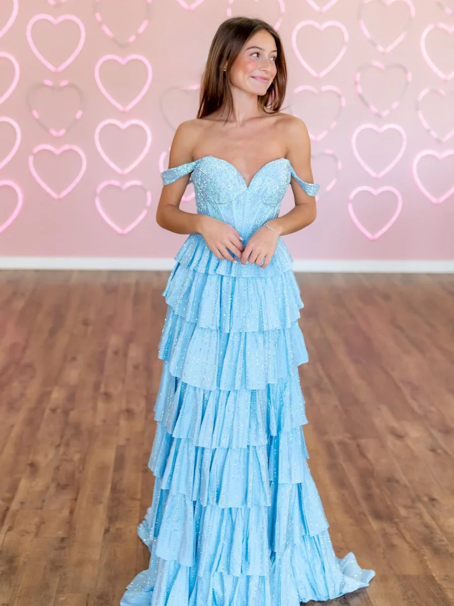 A Line Off-the-Shoulder Satin Tiered Long Prom Dresses With Beads