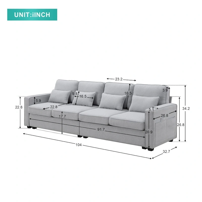 104  4-Seater Modern Linen Fabric Sofa with Armrest Pockets and 4 Pillows