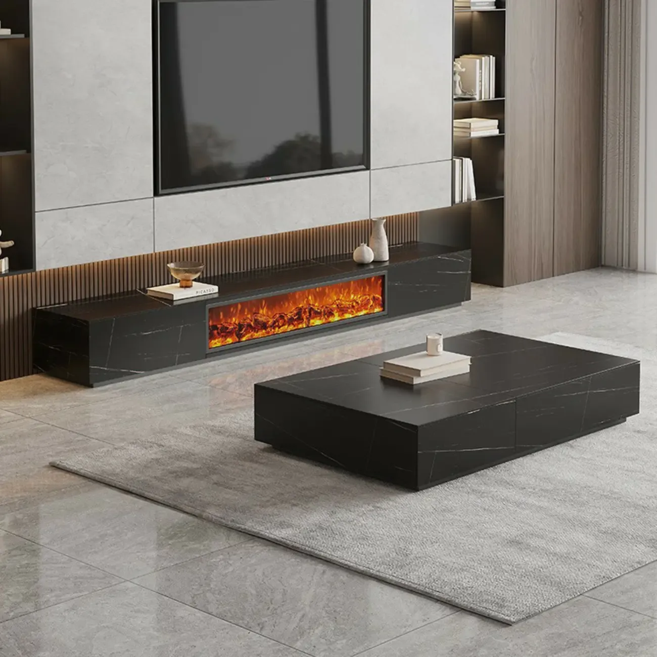 87 Rectangle Black Electric Fireplace Stone TV Stand with Light