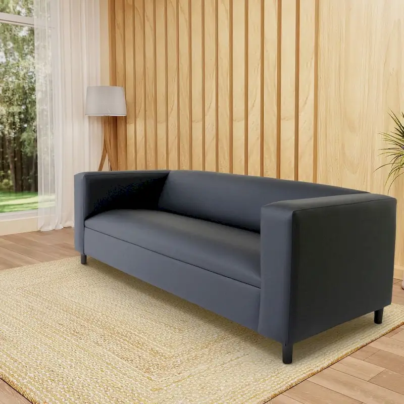 Mid-Century Modern 3-Seater Sofa, Faux Leather with Solid Wood Frame