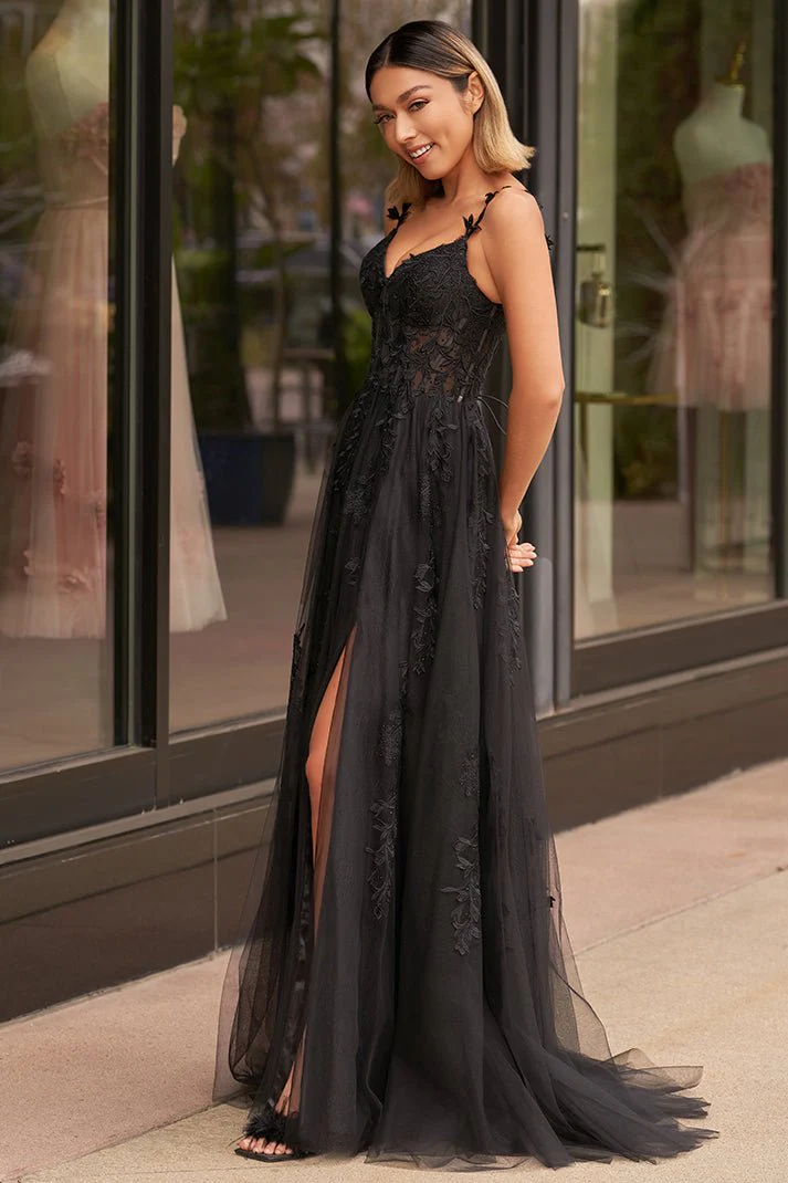 A-line V Neck Lace Tulle Prom Dress With Slit