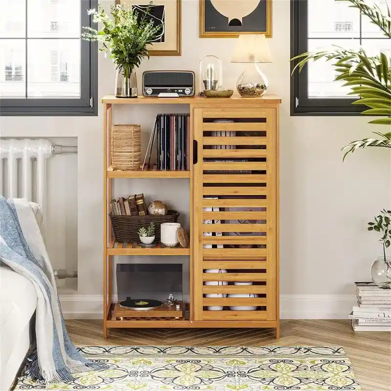 Bathroom Cabinet Bamboo Storage Cabinet with Doors and 3 Side Shelves - 6.3 D x 14.4 W x 36 H