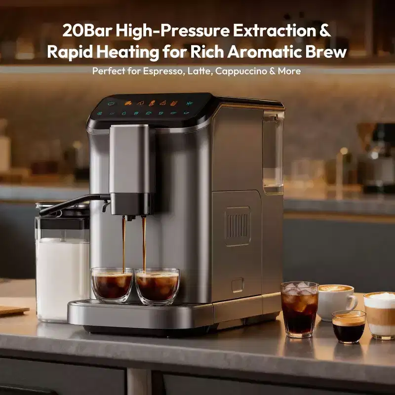 EUHOMY 20 Bar Fully Automatic Coffee and Espresso Machine with Milk Frother  Smart Touchscreen, Self-cleaning, Removable Water Reservoir, Silver