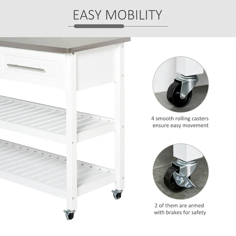Rolling Kitchen Cart - White - Stainless Steel Top - 3-Tier Storage
