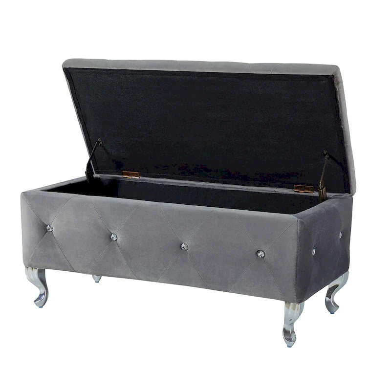 Gray Tufted Storage Bench with Crystal Buttons