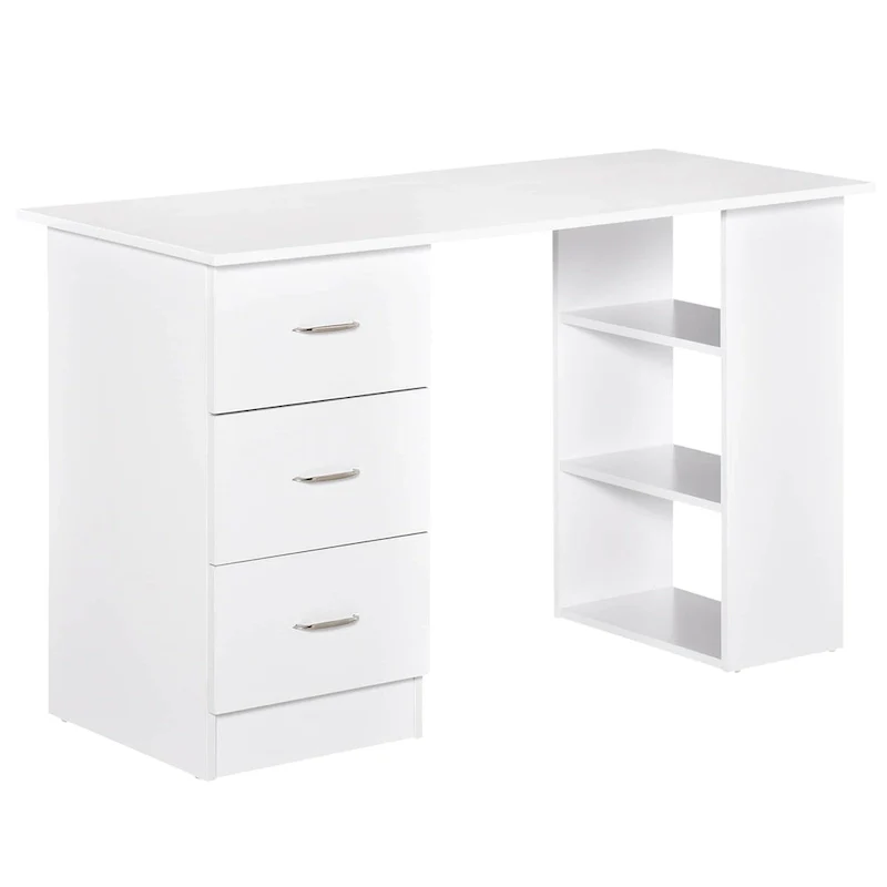 47 Modern Home Office Computer Desk Bookcase Combo Writing Table Workstation with 3 Drawer and Storage Shelf - White