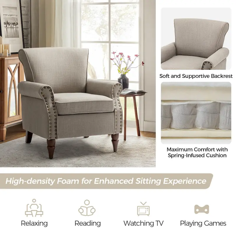 Upholstered Comfy Accent chair with Turned Wooden Legs and Nailhead Trim Set of 2 by