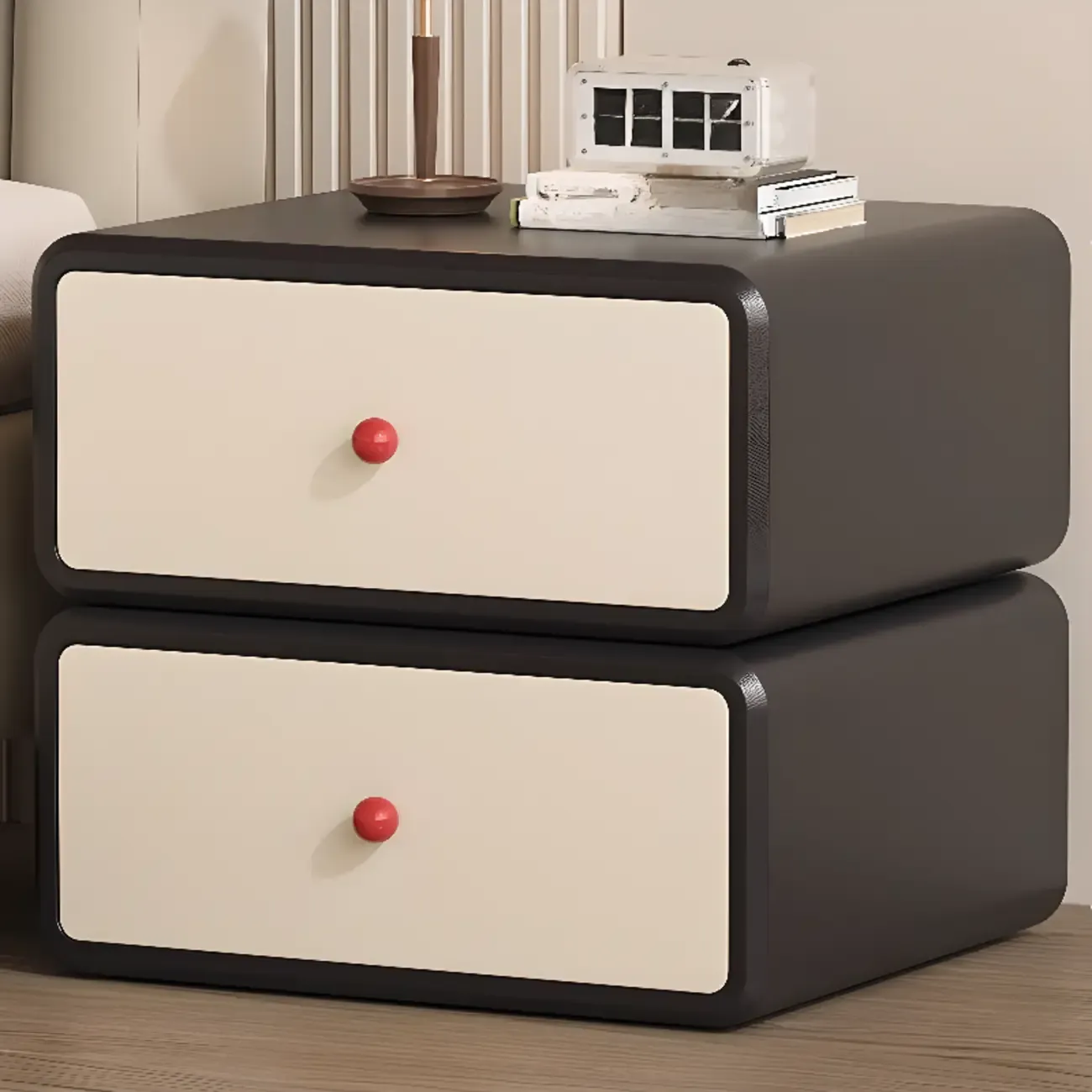 Art Deco Wood Faux Leather Red-Ball Pulls 2-Drawer Nightstand