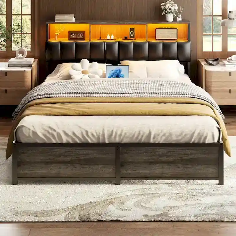 Upholstered Headboard with Hidden Drawer, Head Board with Power Outlet and LED Light