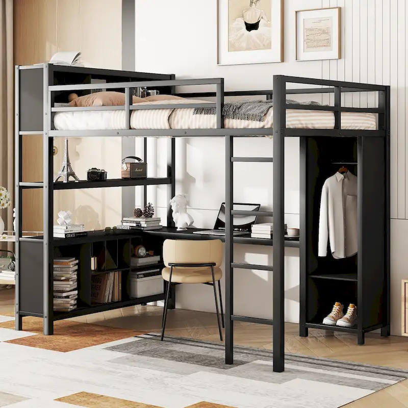 Full Metal Loft Bed with Wardrobe & Desk