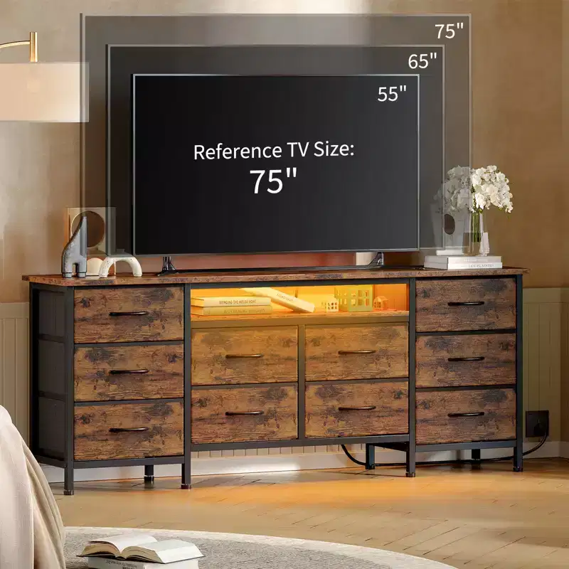 63 Wide Black Dresser with 10 Fabric Drawers, Built-in Power Outlet  Modern Bedroom Storage Chest & TV Stand for Clothes and Living Room