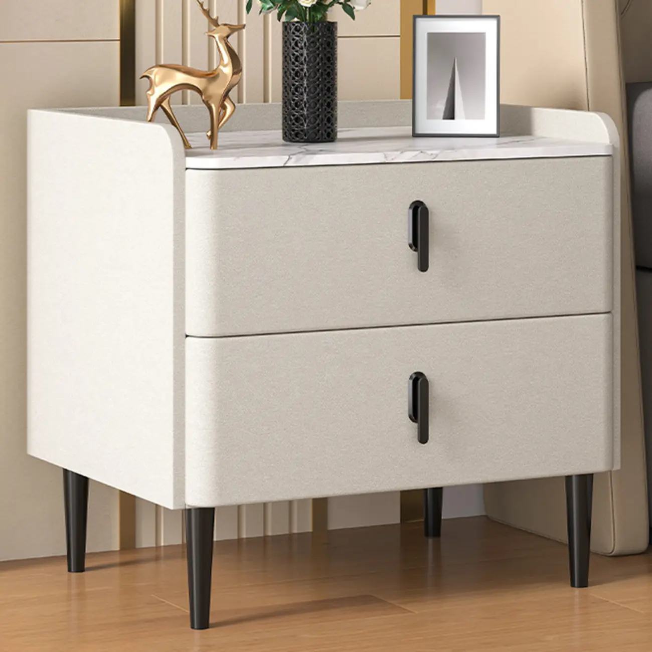 Modern Stone Top Leather Drawers Nightstand with Golden Legs
