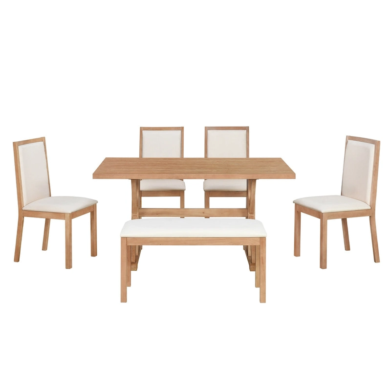 Farmhouse Style 6-Piece Dining Table Set with 4 Upholstered Dining Chairs and Bench