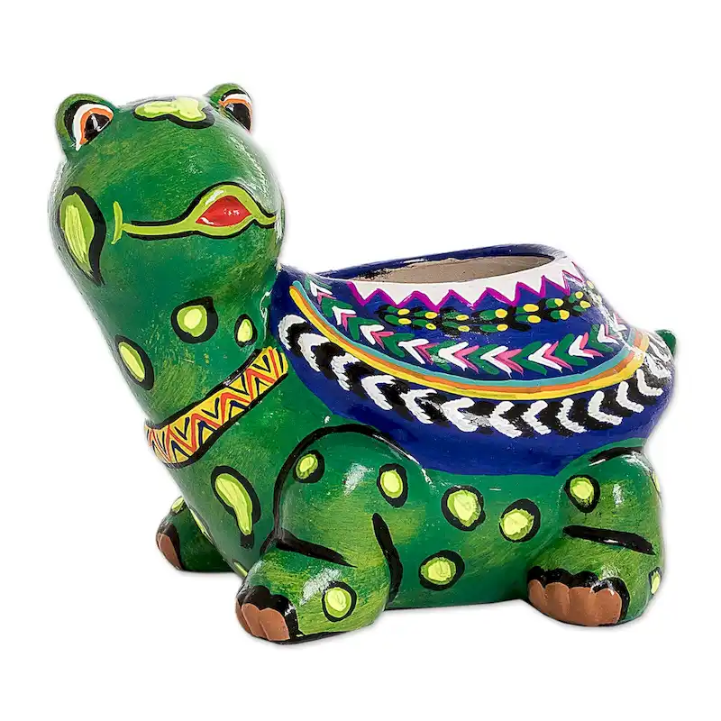 Novica Handmade Mountain Turtle Small Ceramic Flower Pot