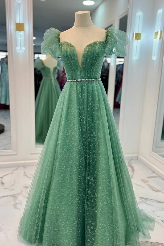 Sea Glass Tulle A-line V Neckline Off-Shoulder Long Prom Dress