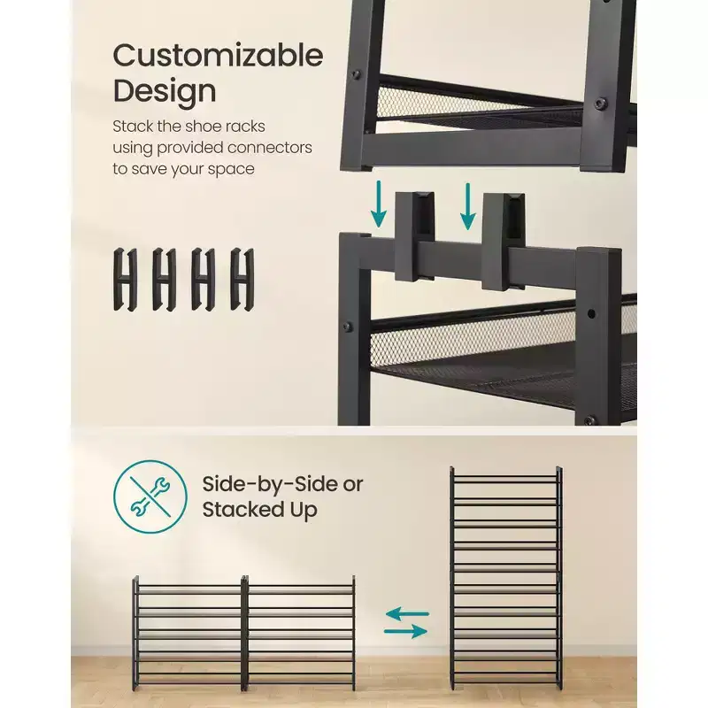 10-Tier Metal Shoe Rack, Stackable Shoe Shelf Organizer with Adjustable Flat/Angled Shelves, Holds 40-50 Pairs, Black