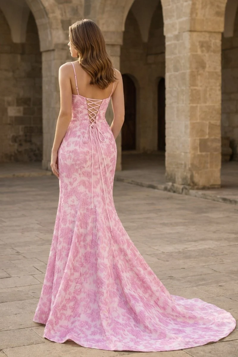 Spaghetti Straps Mermaid Floral Printed Prom Dress With Split