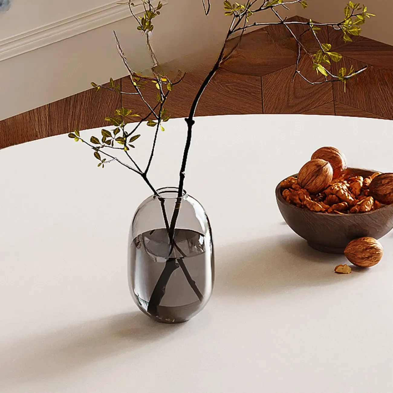 Mid-Century Modern White Stone Brown Wood Round Dining Table