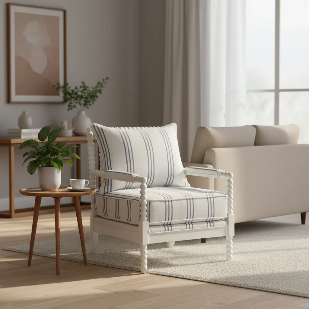 White and Navy Upholstered Stripe Accent Chair