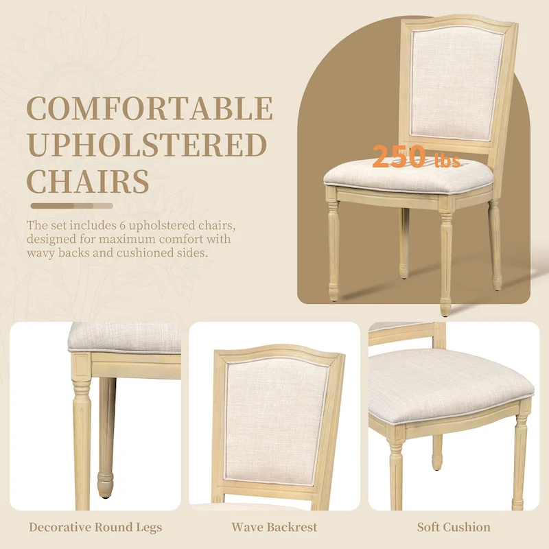 7 Pcs Dining Table Set, Solid Wood Table and Chairs Set with Extendable Dining Table, 2 Drawers and 6 Upholstered Chairs