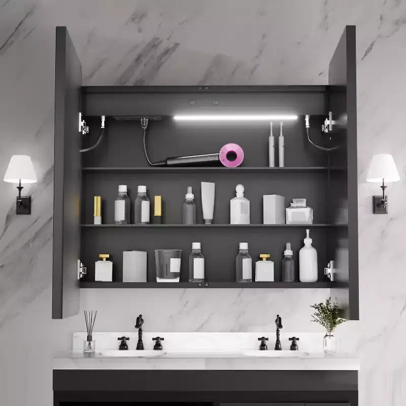 FAMYYT 36 in. W x 32 in. H Rectangular Iron Medicine Cabinet with Mirror, Dimmable LED Light, Anti-Fog and Outlets - Fully Assemble
