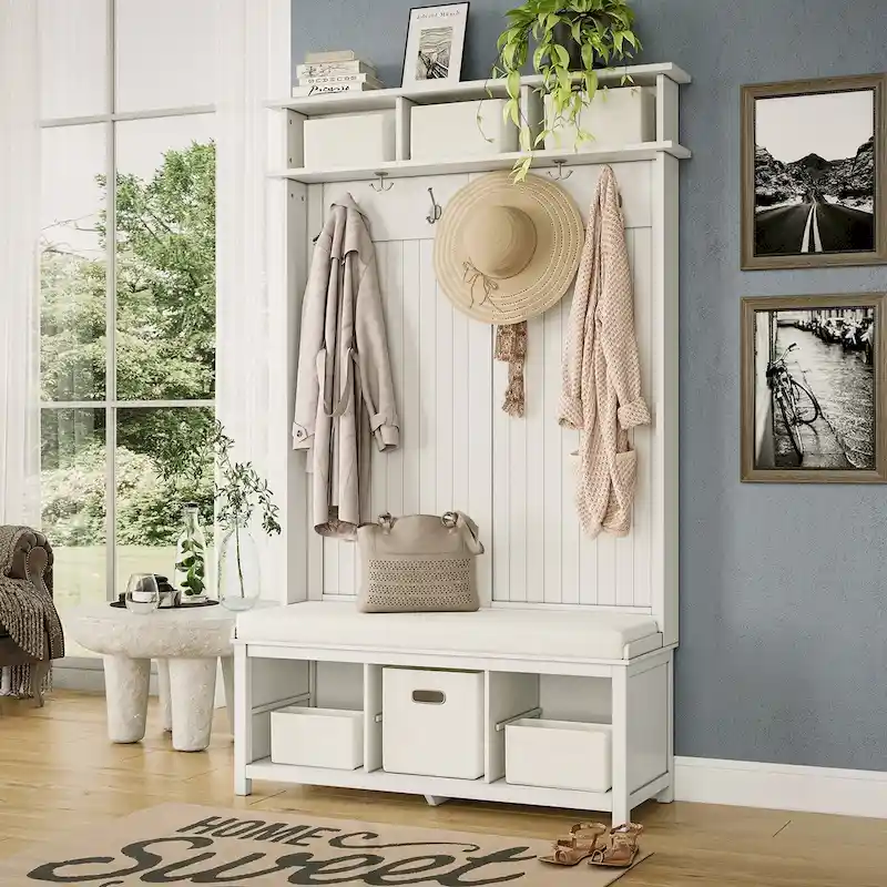 Solid Wood Hall Tree with Bench, Shoe Storage & 6 Hanging Hooks
