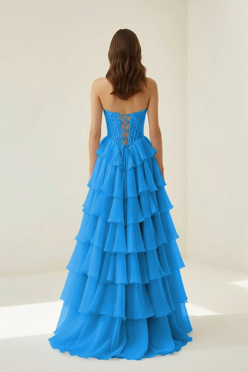 Azure - Strapless A Line Chiffon Ruffled Prom Dresses With Appliques