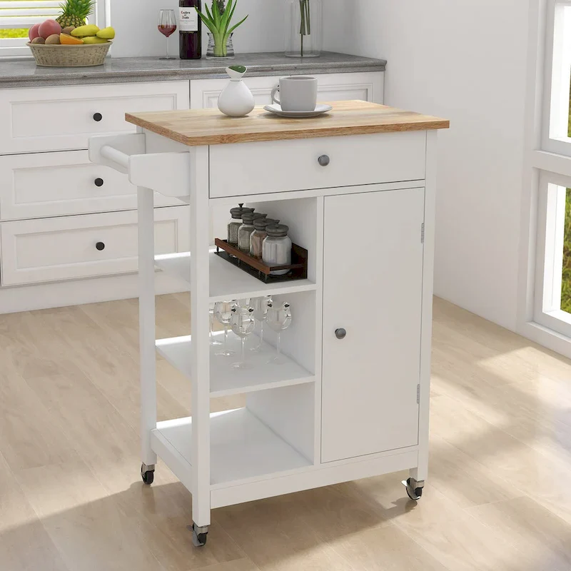 Kitchen Island Rolling Cart with Adjustable Shelves and Towel Rack, Rubberwood Top