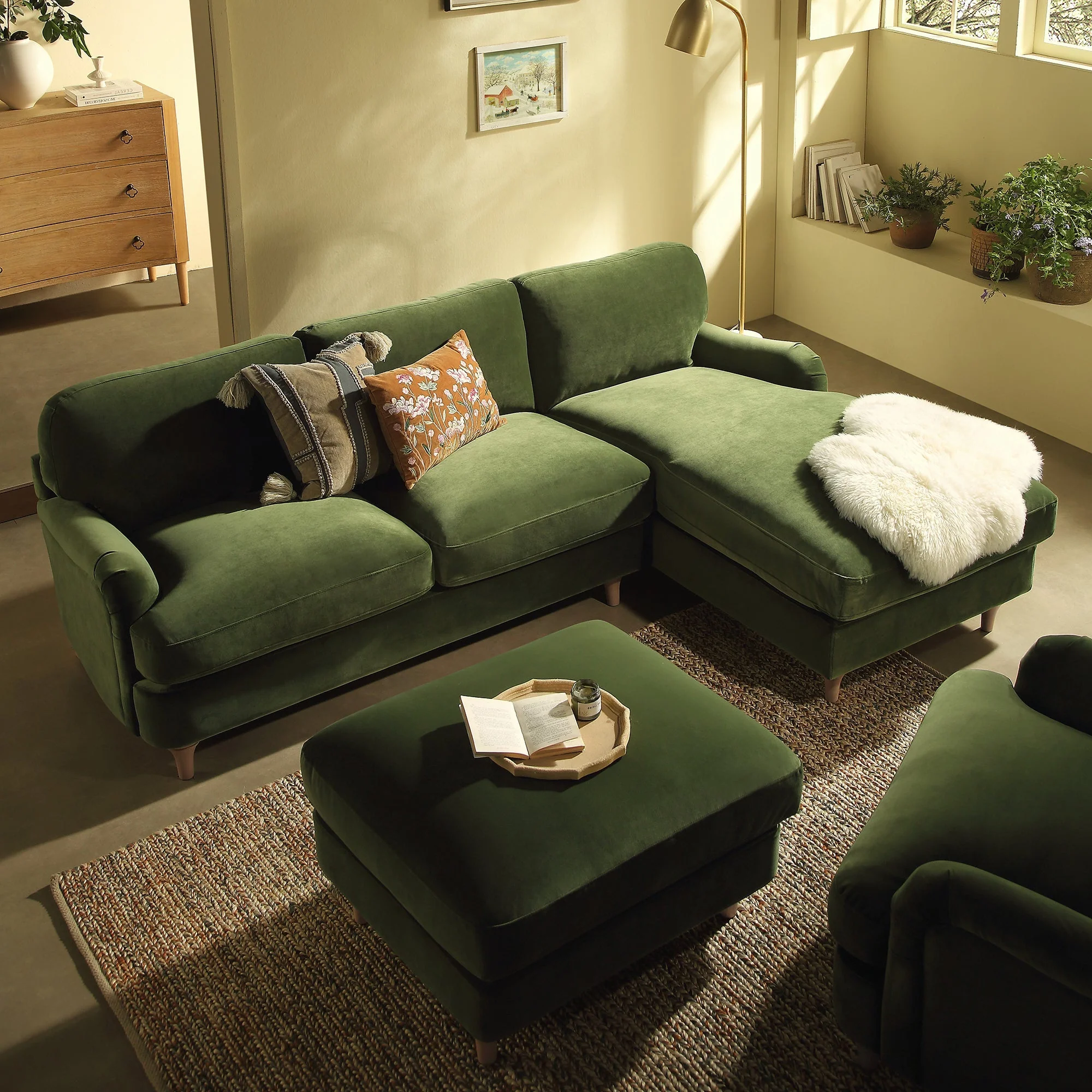 Fern Green Velvet Sofa, Grande Chaise Sofa Right Hand Facing