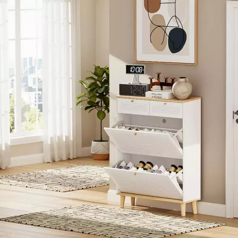 FurnitureR Freestanding Utility Storage Cabinet with Flip Doors, Modern Storage Organizer Narrow Shoe Rack Cabinet for Entryway, Living Room, Hallway