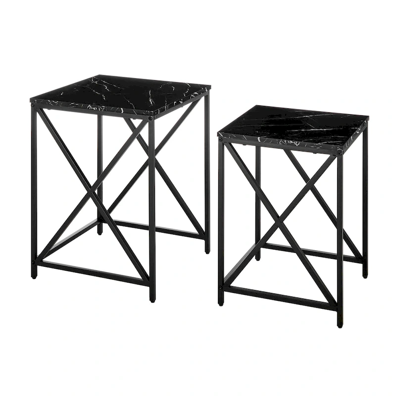 Modern Square Marble Finish Veneer Top Black Metal Frame Nesting End Tables - Set of 2