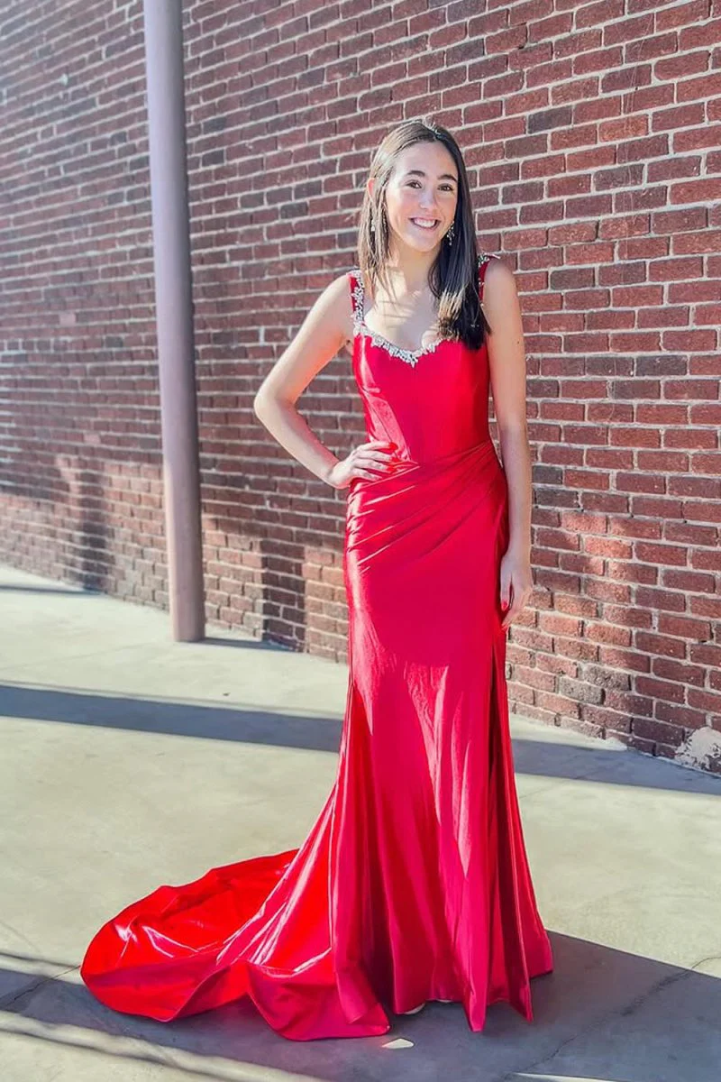 Mermaid Off The Shoulder Red Satin Slit Prom Dress with Beading