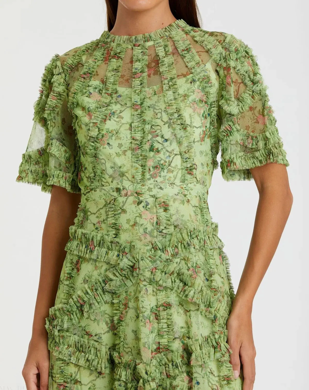 Green Illusion Floral Midi Dress with Ruffle Detailing