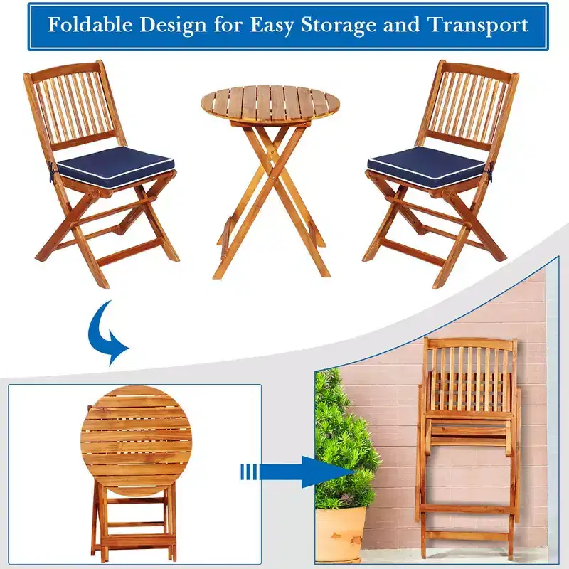 Costway 3PCS Patio Folding Wooden Bistro Set Cushioned Chair Conversation Cushion