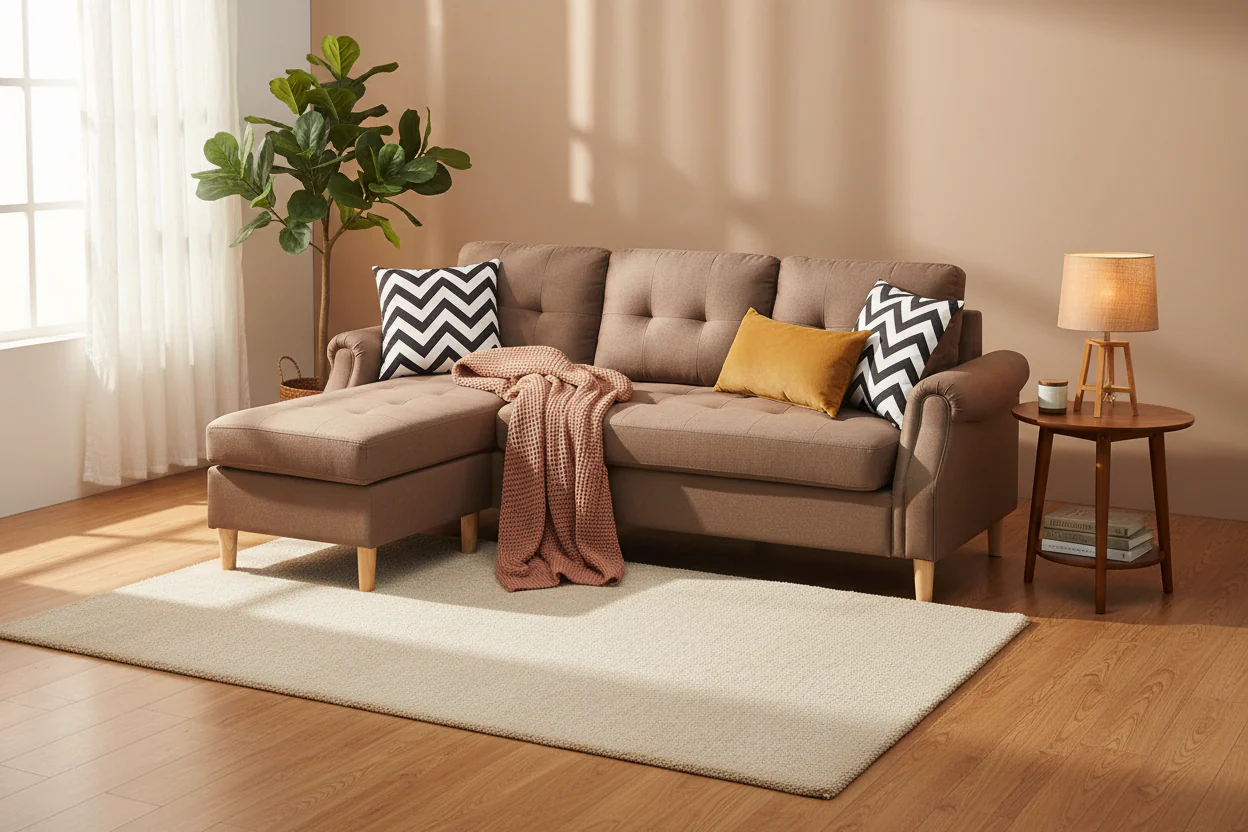 Fabric 2 Piece Sectional Sofa with Round Tapered Legs, Brown