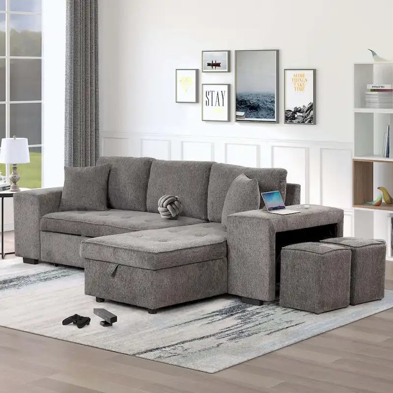 Modern L-Shape 3 Seat Reversible Sectional Couch,with Storage Chaise and 2 Stools