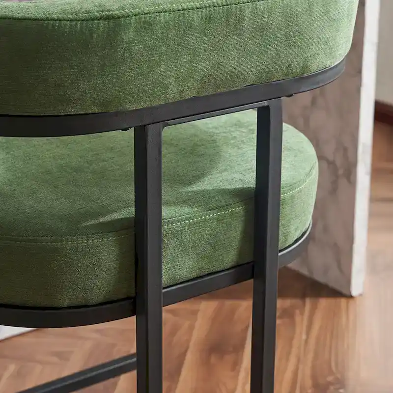 Fabric Upholstered Bar Stools Set of 2, Counter Height Bar Stools with Barrel Back, Dining Chair with Metal Frame and Arms