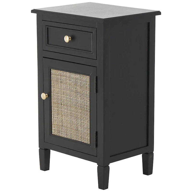 Handmade Black Wood Cabinet with 1 Drawer & Rattan Door, MDF & Pine, 15.75x12.5x26 in
