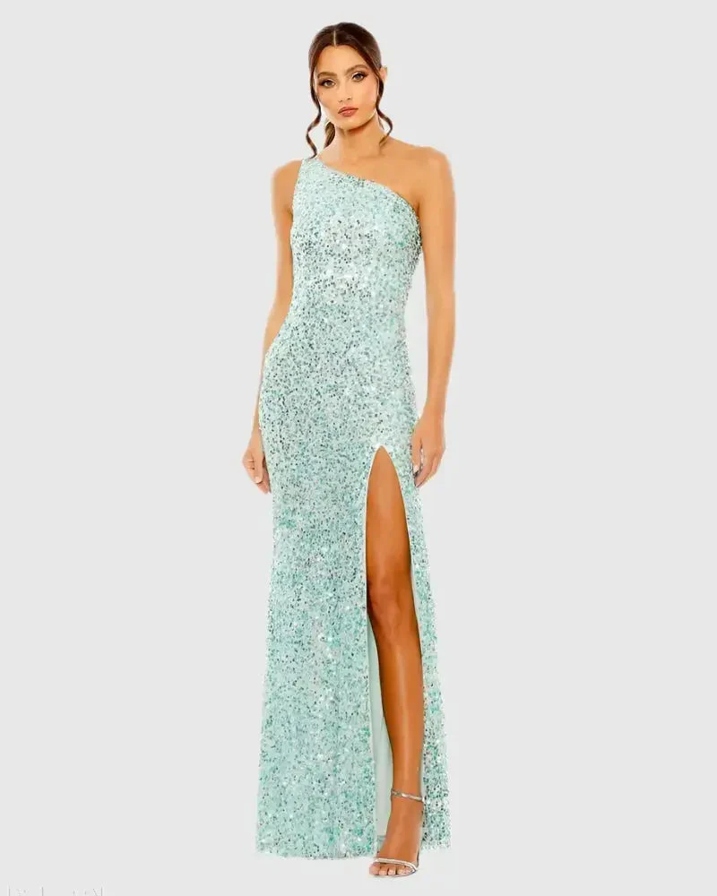 Sequined One Shoulder Gown With Slit