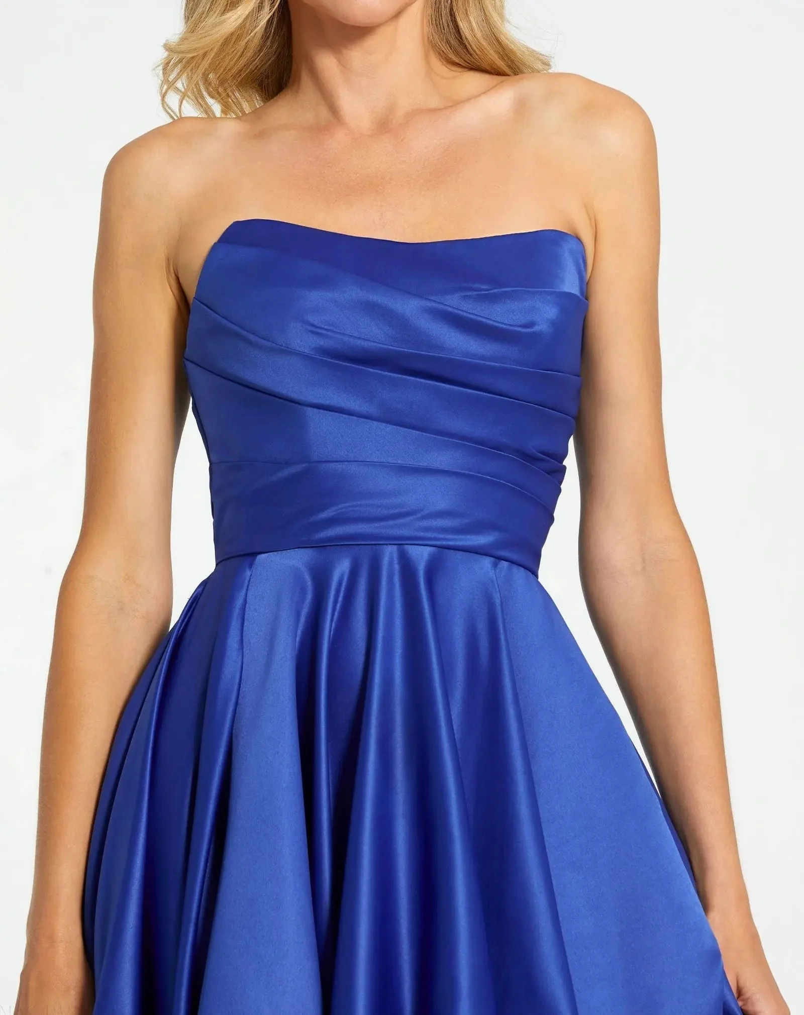 Blue Strapless Ruched High Low Gown