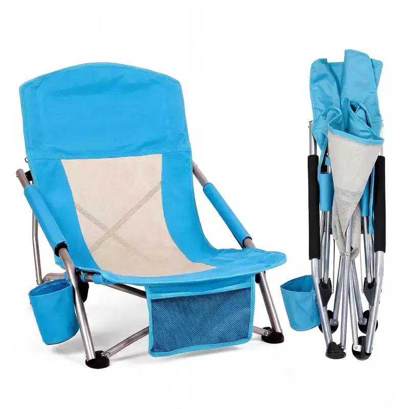 2 Pack Lightweight Foldable Low Beach Chair for Adults with Side Pocket & Cup Holder, Portable Outdoor Camping Chair, Storage Pocket & Carry Bag