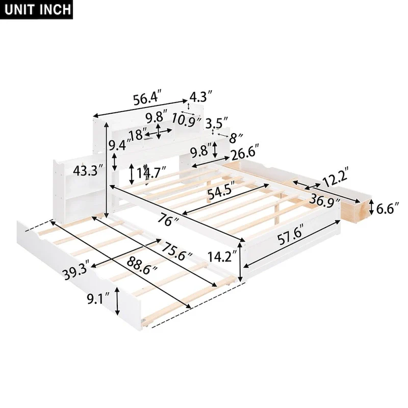 White/Espresso Full Storage Platform Bed with Trundle, 2 Drawers & Pull-Out Shelves