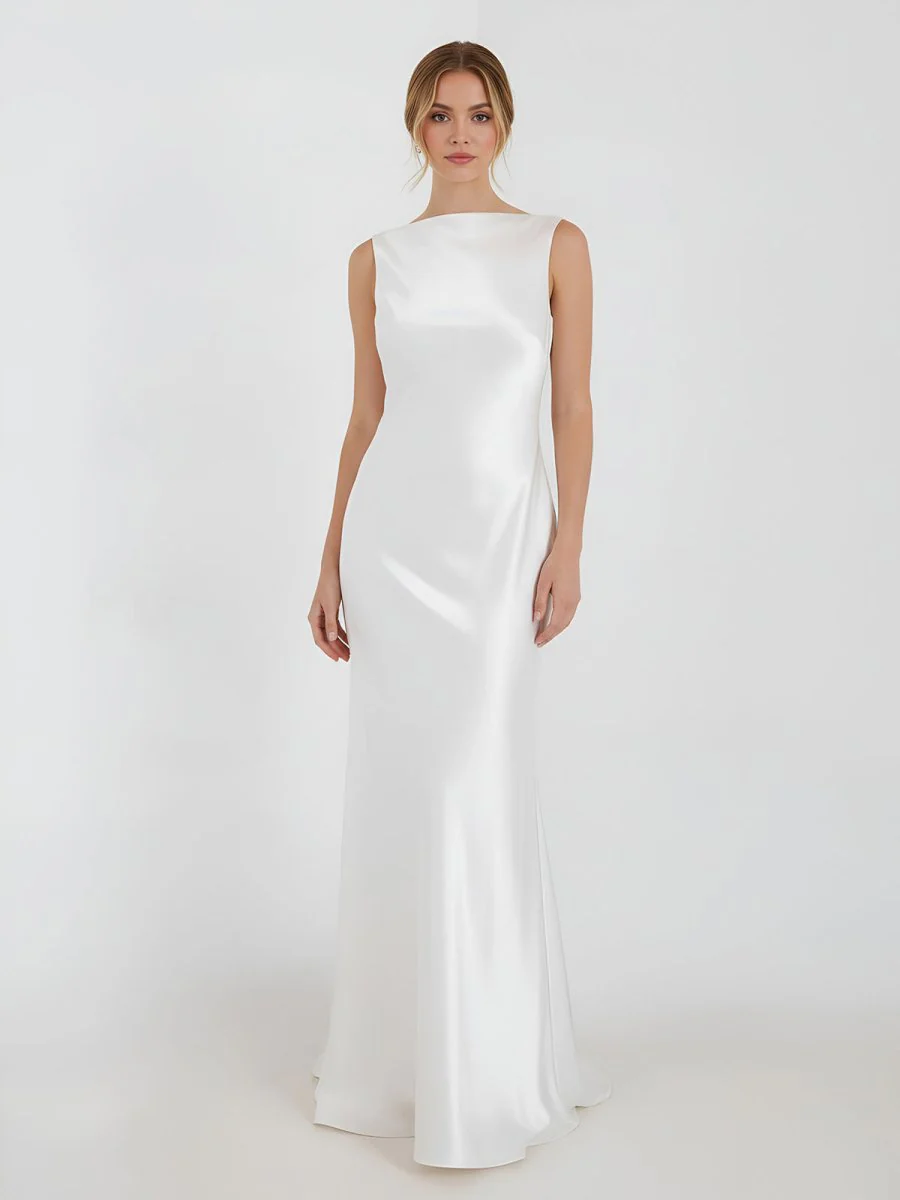 Sheath High Bateau Neck Backless Silk Satin Wedding Dress