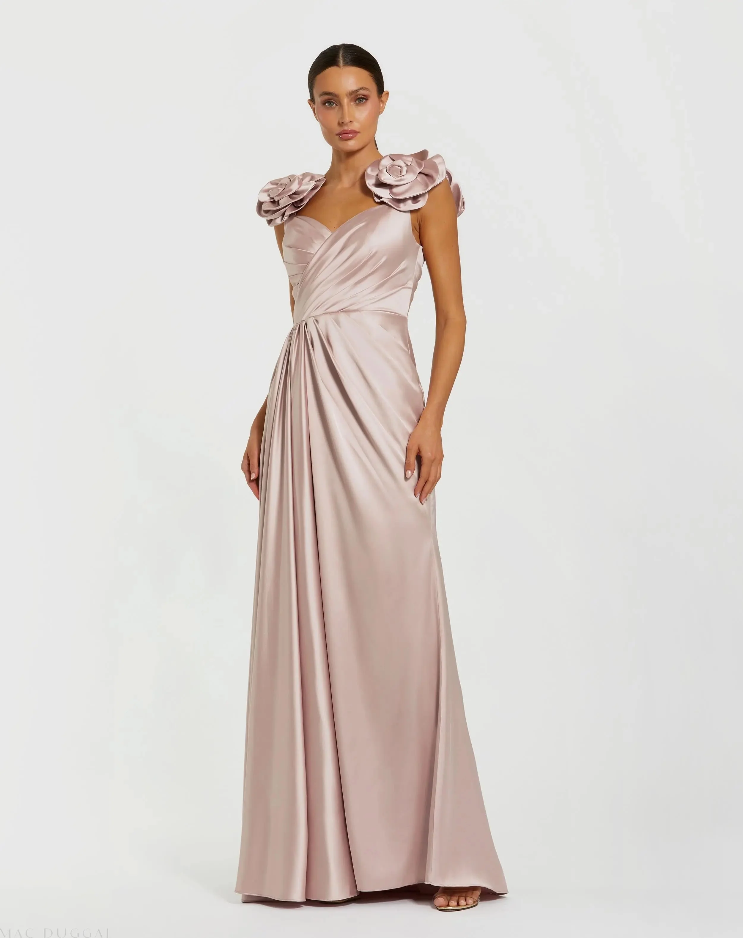Pink Faux Wrap Satin Gown With 3D Flower Straps