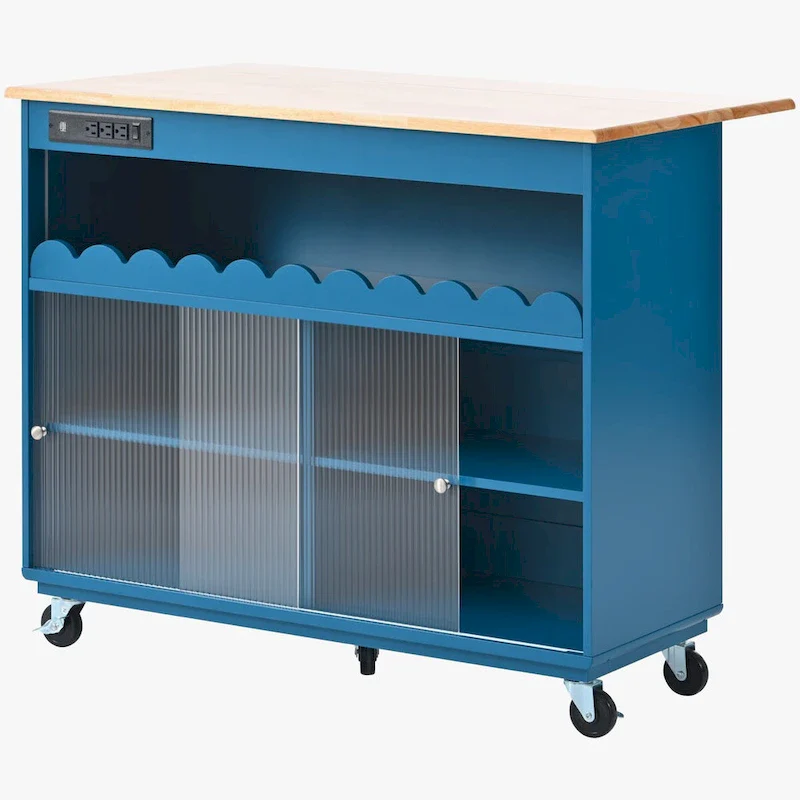 44 in. W Kitchen Island Rubberwood Drop-Leaf Countertop on 5 Wheels with Open Shelf and Wine Rack - 44