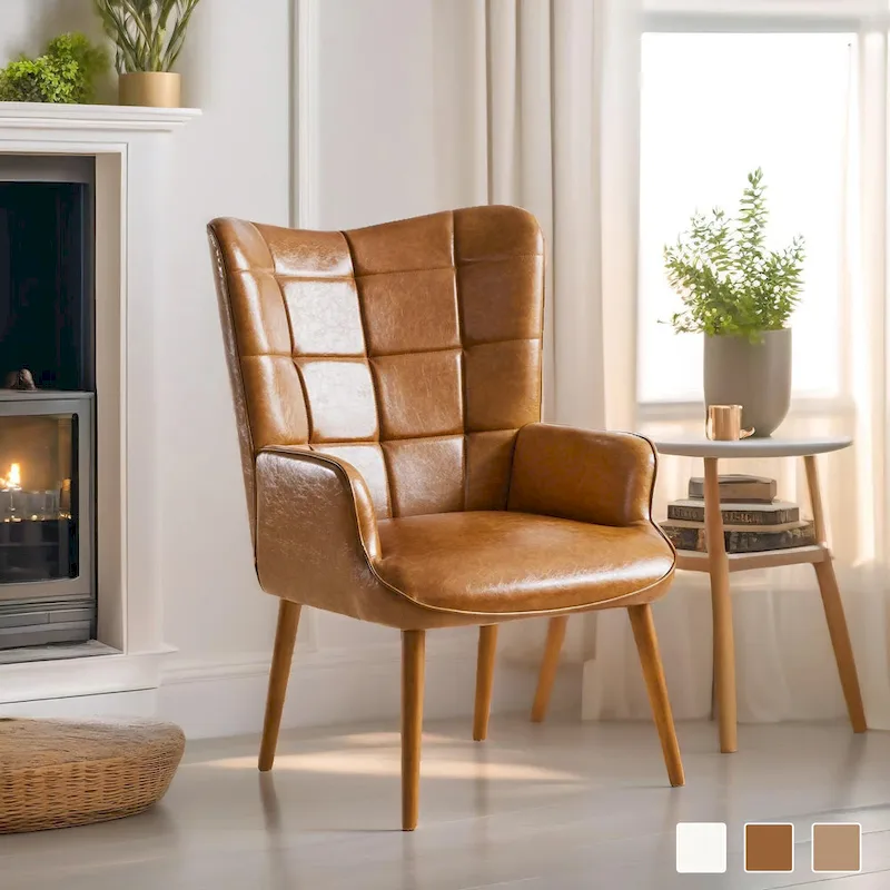 High-Back Tufted Accent Chair | Faux Leather Wingback | Solid Wood Frame | Ergonomic Armrests | 300 lbs Capacity | 37