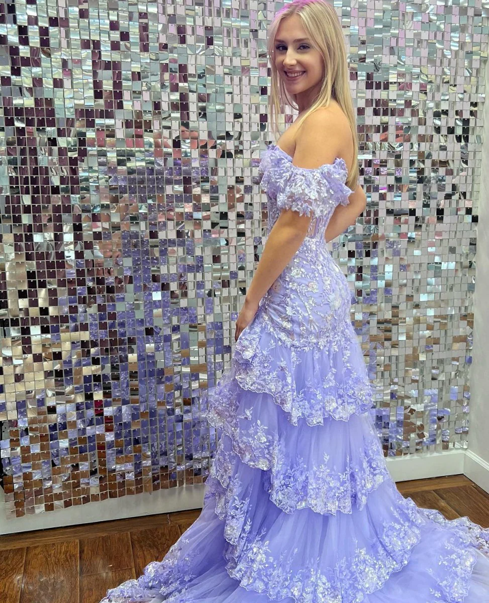 Sheath Off the Shoulder Long Lace Prom Dress (Lace-up Back)