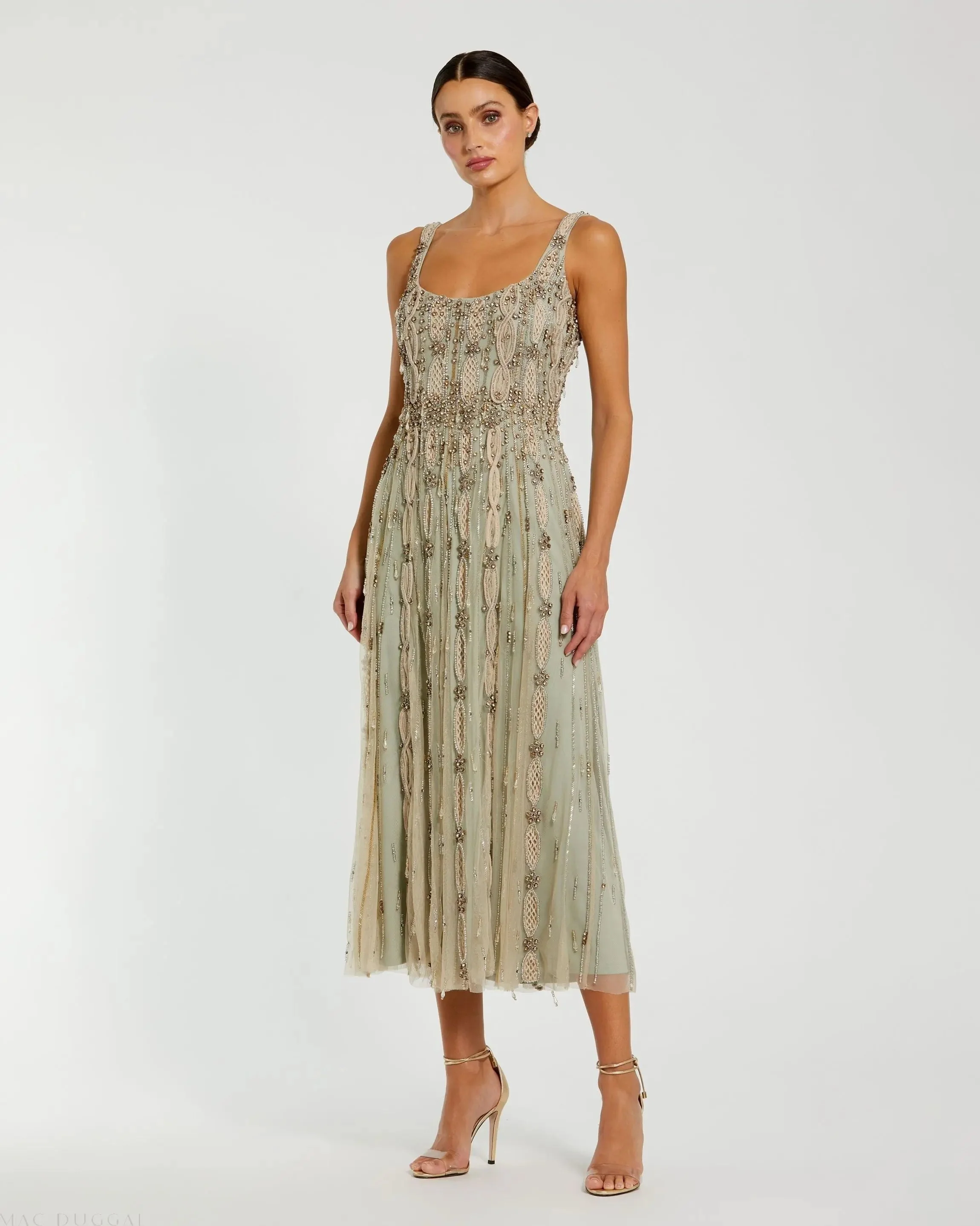 Green Embellished Mesh Sleeveless Scoop Neck Midi Dress